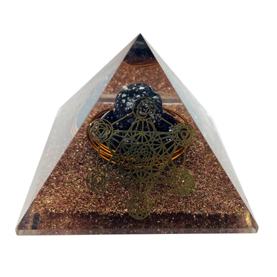 Front view of Orgone Pyramid Tourmaline Chips and Lava Sphere 
