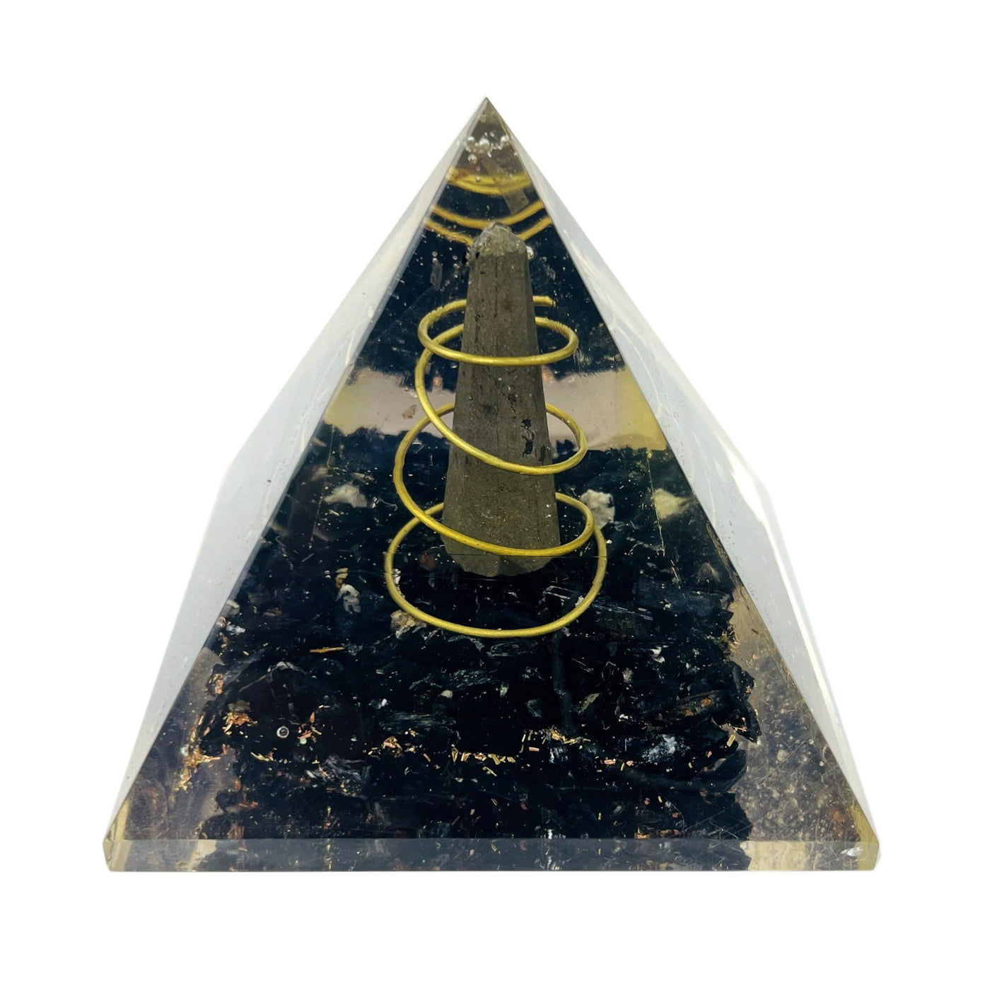 orgone tourmaline chips with Pyrite point with gold wire wrapped around it displayed on white background