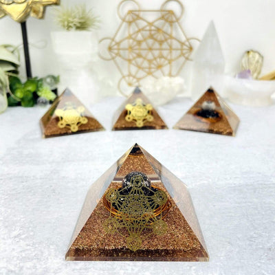 Front view Orgone Pyramid Tourmaline Chips and Lava Sphere 