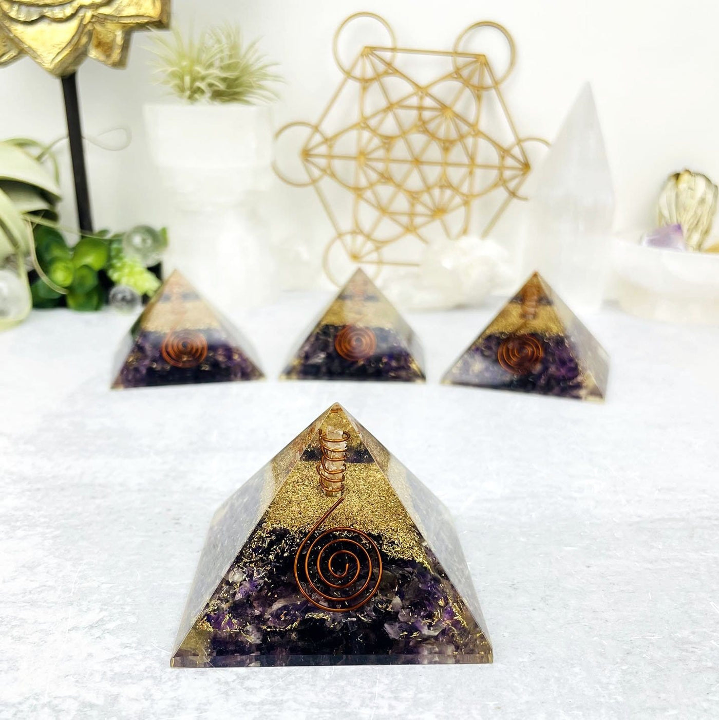 Orgone Amethyst with Crystal Point Pyramid - Chakra Reiki Metaphysical Pyramids - 3 in the back ground and one close up