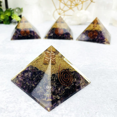 Orgone Amethyst with Crystal Point Pyramid - Chakra Reiki Metaphysical Pyramids - 3 in the back ground and one close up