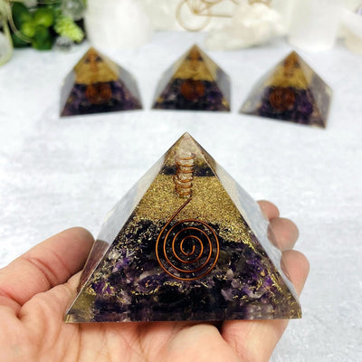 Orgone Amethyst with Crystal Point Pyramid - Chakra Reiki Metaphysical Pyramids -  one in a hand