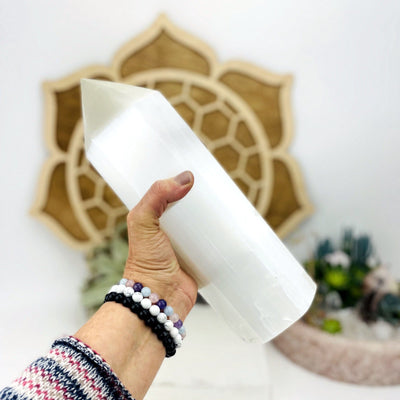 Selenite Point - Large Stone Generator  - held in a hand