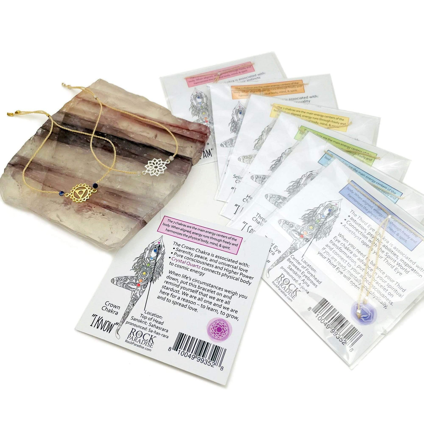 back side of the chakra bracelet packaging showing the information for each one 