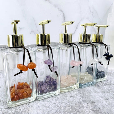 Tumbled Stone Soap Dispensers in a row, one of each stone available