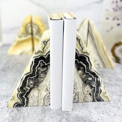 zebra onyx bookends holding up 2 books with decorations in the background