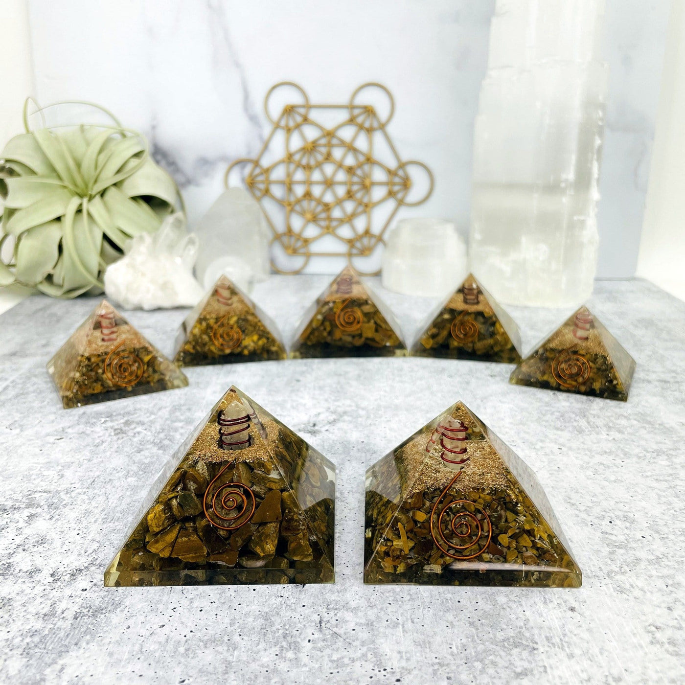 Orgone Pyramid - Tigers Eye Chips Reiki Metaphysical Wire Wrapping Pyramid- (RK17-31)