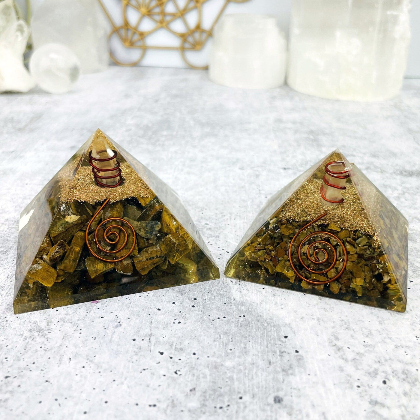 Orgone Pyramid - Tigers Eye Chips Reiki Metaphysical Wire Wrapping Pyramid- (RK17-31)