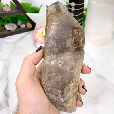 Natural Smoky Lemurian Quartz Point in a hand