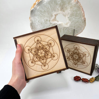 metatron's cube wooden storage box in hand for size reference