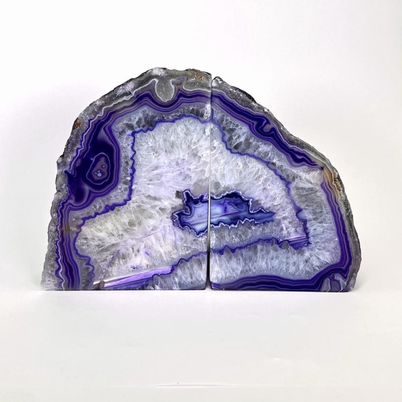 purple agate bookend pair displayed to show the details on the agate formation 