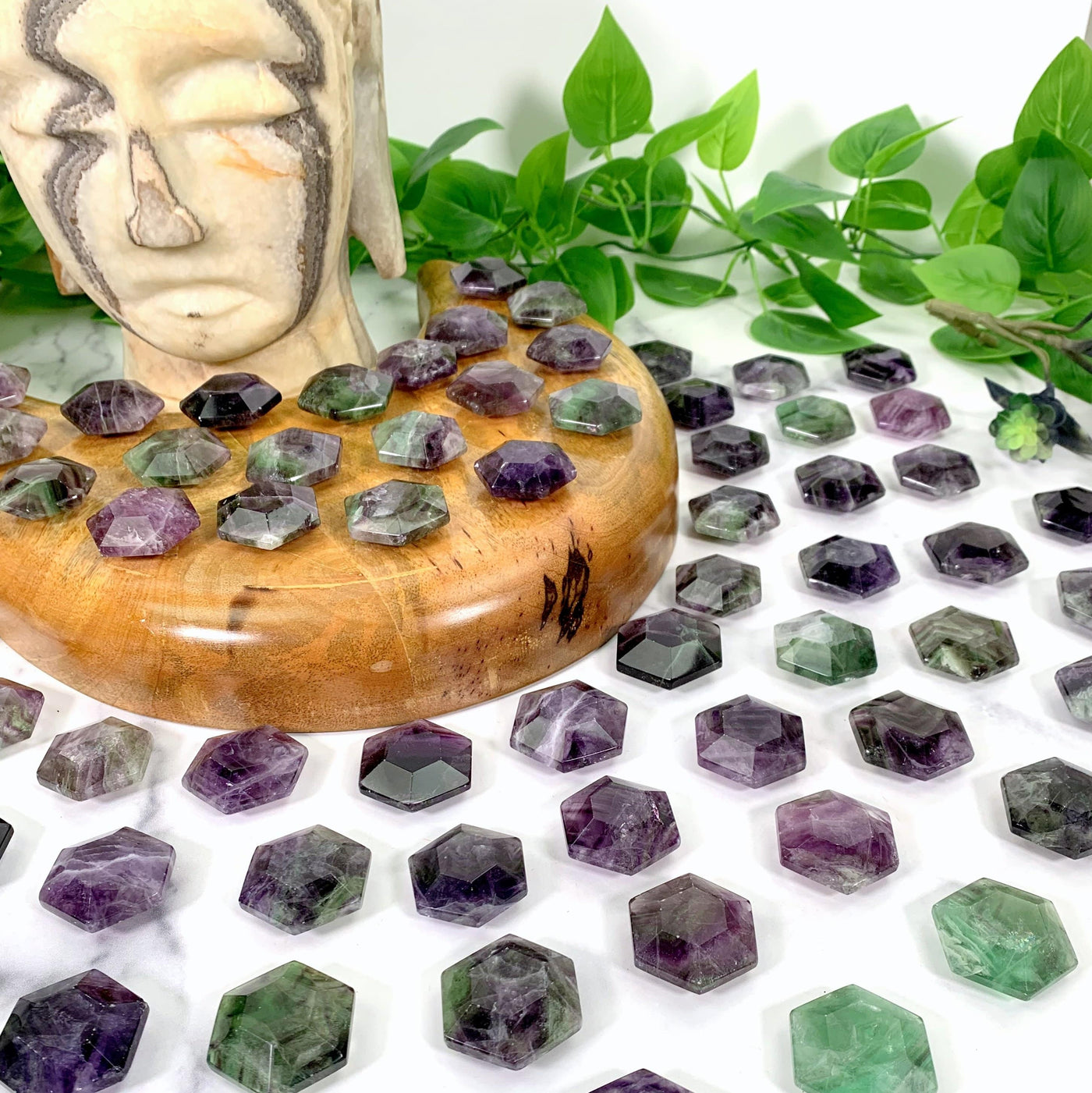 hexagonal fluorite polished stones with decorations