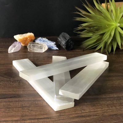 angled view of selenite bars for thickness