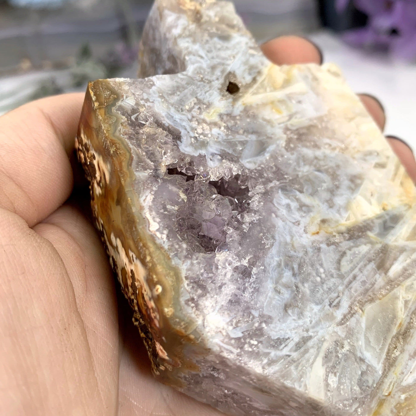 up close shot of Pink Amethyst Druzy Dreidel