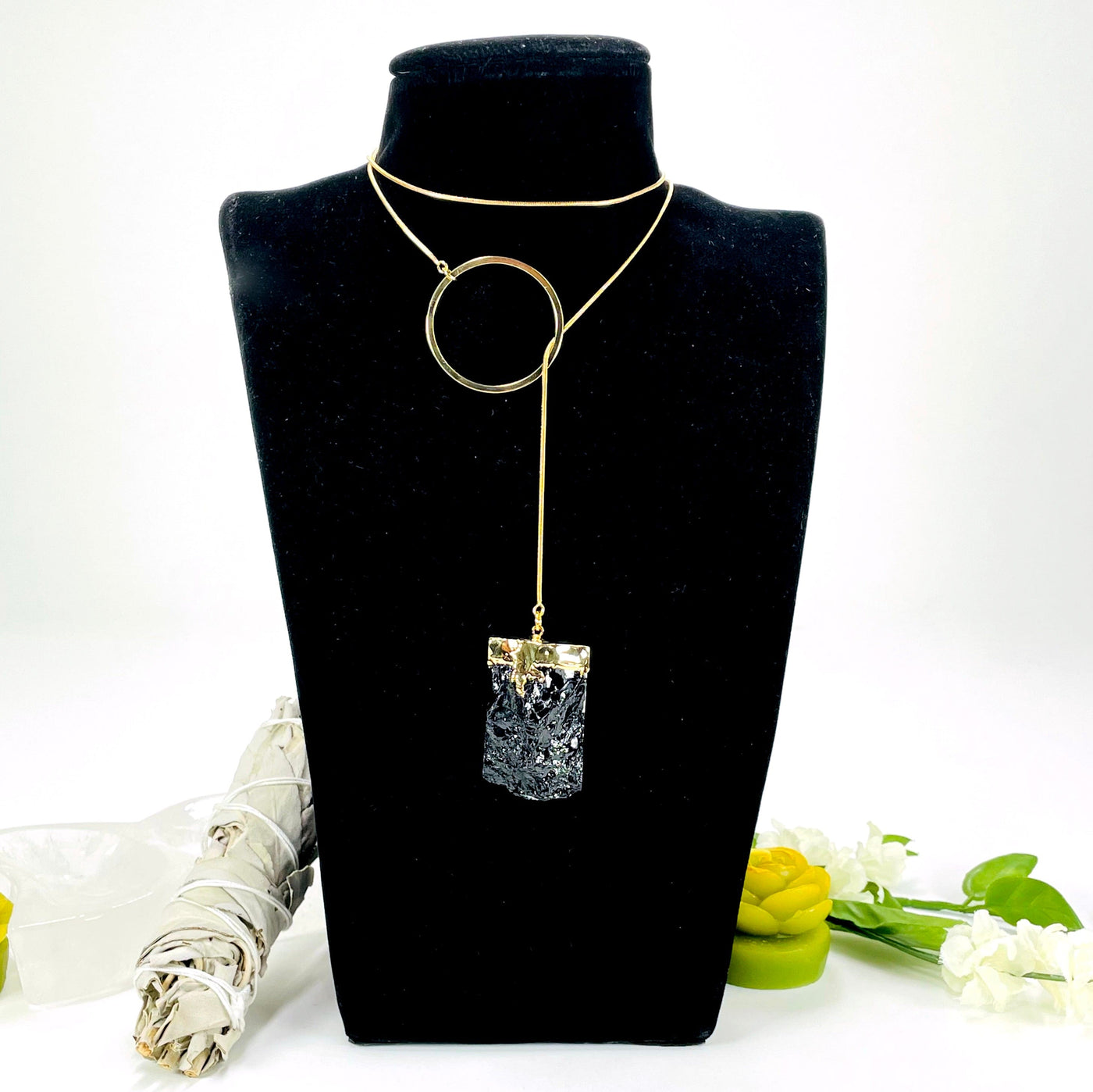 one gold obsidian chunk adjustable necklace on bust display