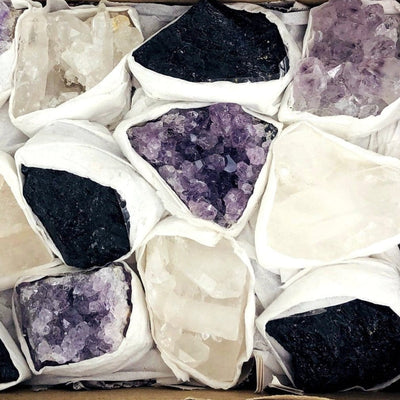 Amethyst Tourmaline or Crystal Clusters showing varying sizes and shapes available