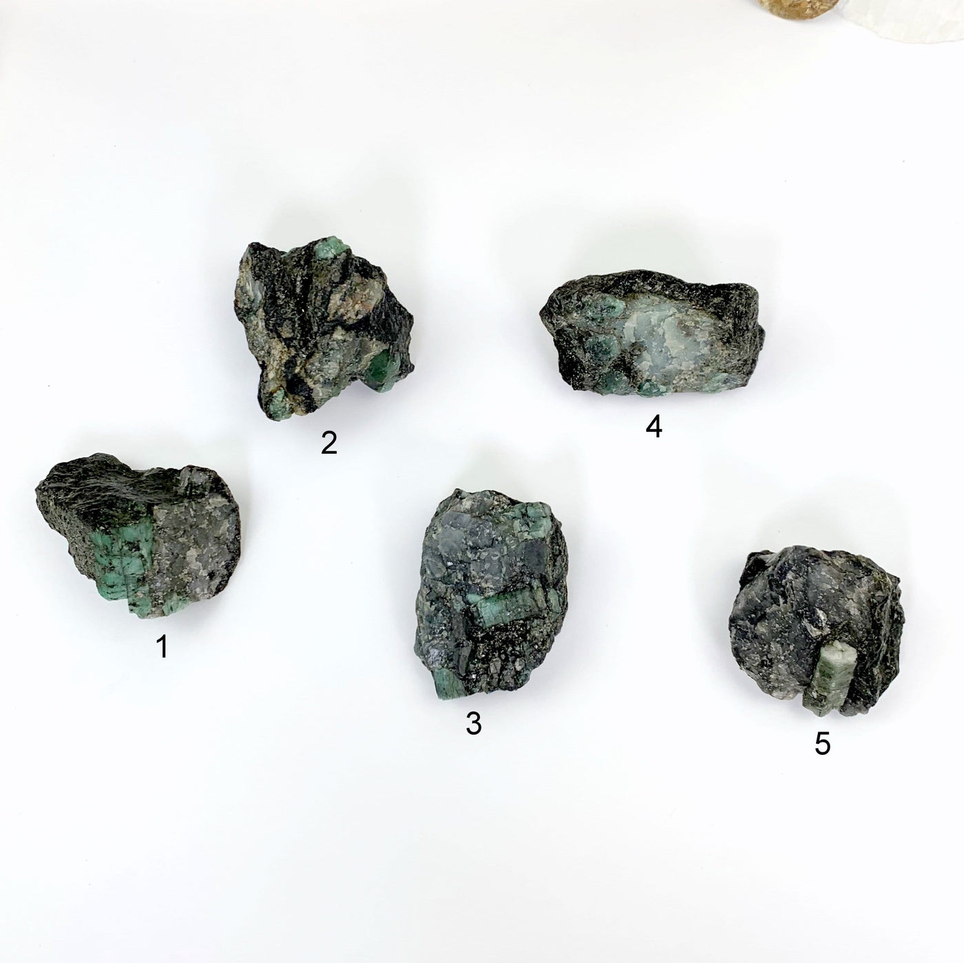 All five pieces of emerald on a white background and labeled with a number