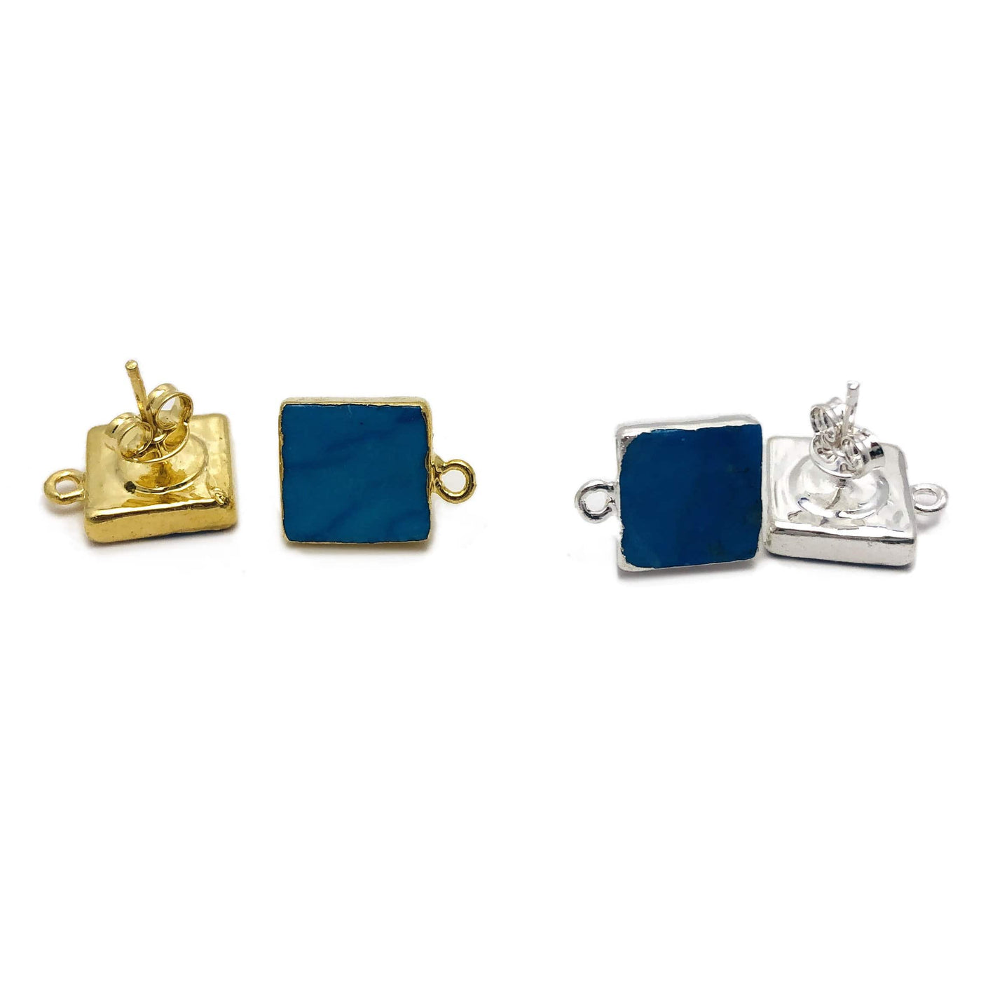 Turquoise Howlite Square Stud Earrings with Hoop - View of two choices , the electroplated 24K gold or silver edge.  
