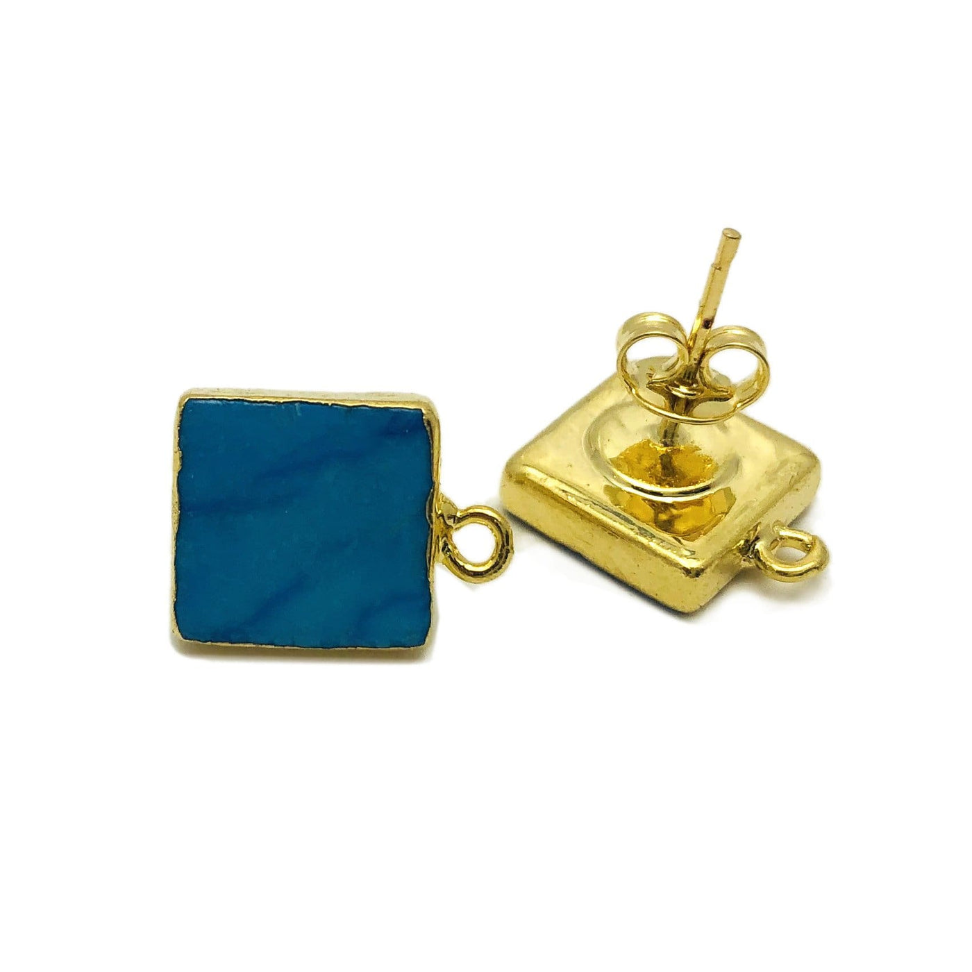 Turquoise Howlite Square Stud Earrings with Hoop - Front and back view of electroplated 24k gold earrings.