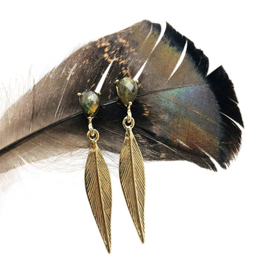 Feather Dangle Earring with Stone Stud - Gold Electroplate 8BROWNSHELF