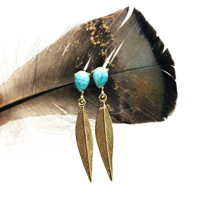 Feather earrings on a brown feather and white background