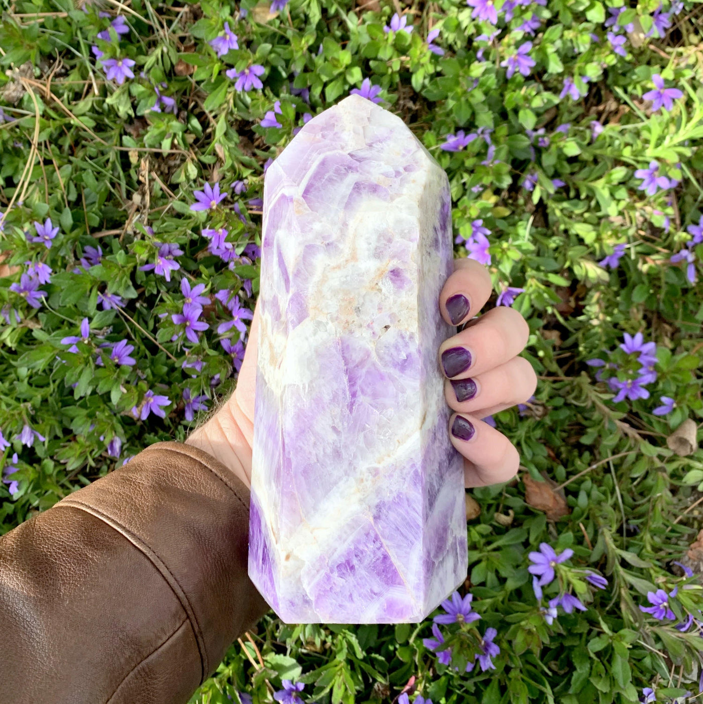hand holding up Chevron Amethyst Polished Tower with plants in the background