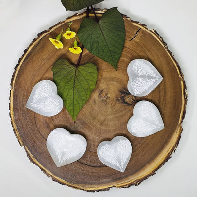 Selenite Stone Heart -5  Selenite Hearts with Angel Wing Engraving on a wood plate