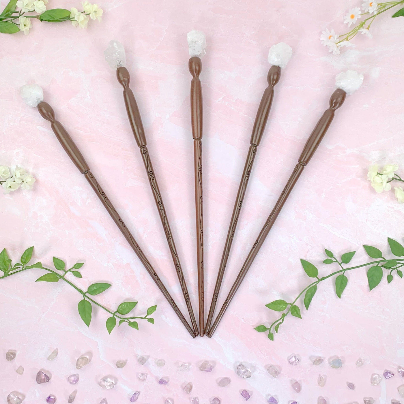 5 White Geode - Enchantment Wands on pink background with decorations 