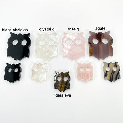 owl gemstones available in large and small sizes. gemstones types and black obsidian, crystal quartz, rose quartz and agate 
