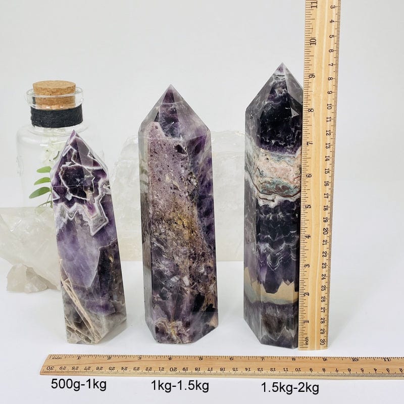 chevron amethyst points available in 500-1kg, 1kg-1.5kg, and 1.5kg-2kg