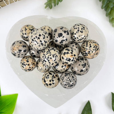 close up of many dalmatian jasper spheres in a heart bowl for details and possible variations