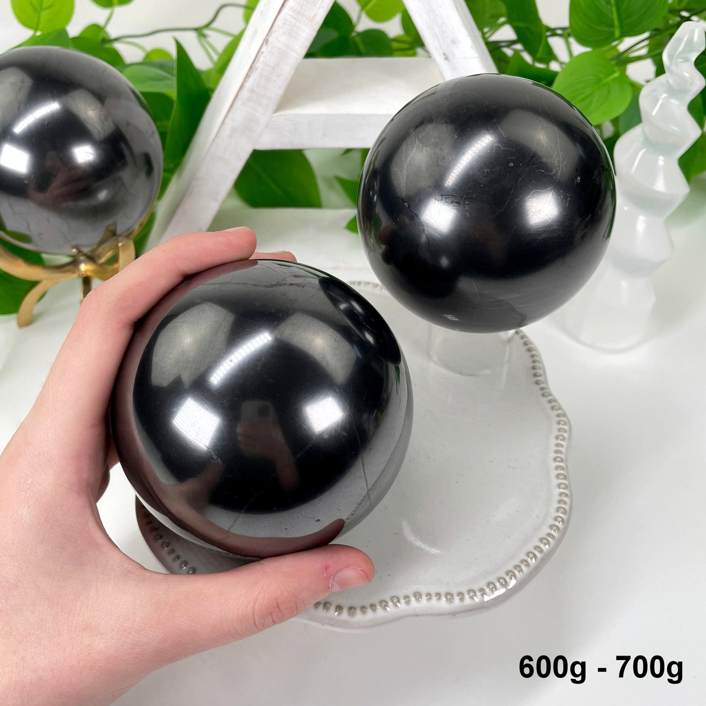 two 600g - 700g shungite polished spheres on display for possible variations with one in hand for size reference