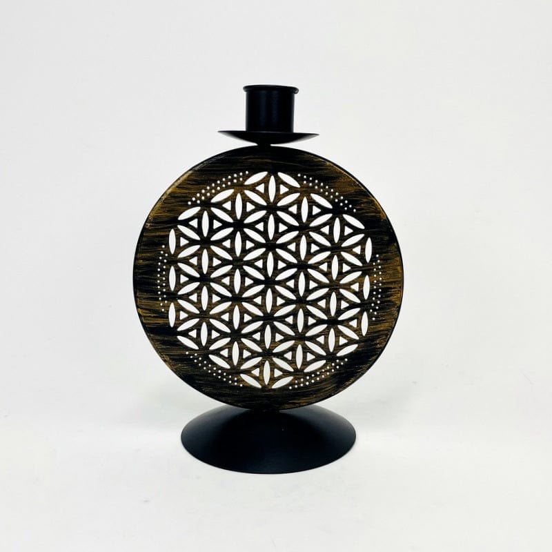 flower of life candle holder in black with golden accents 