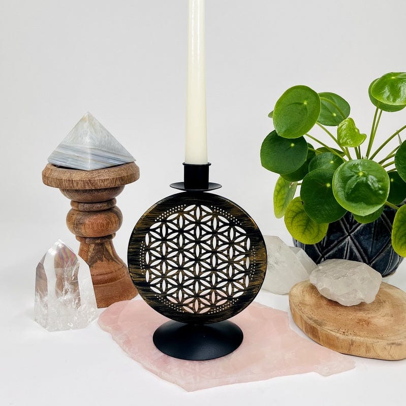 close up of the flower of life candle holder 