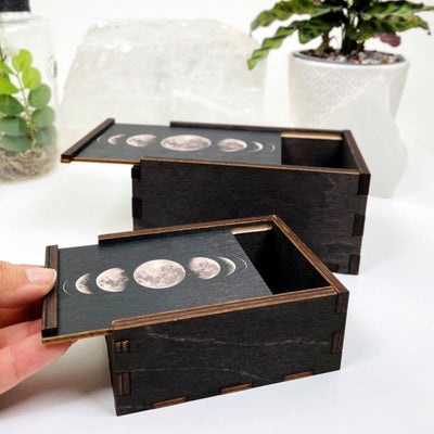 side view of 2 Wooden Storage Boxes opened up with decorations in the background