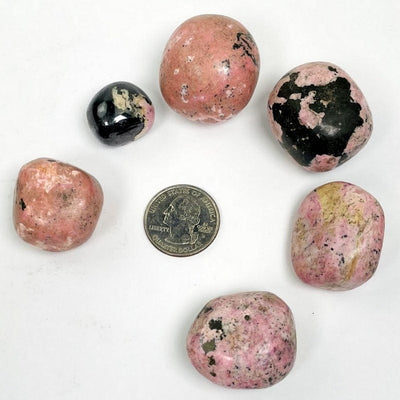 tumbled rhodonite stones next to a quarter for size reference 