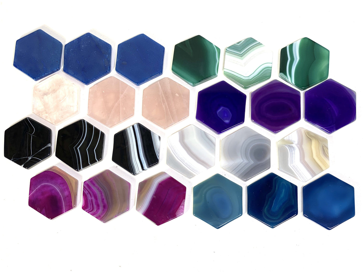 agate hexagons displayed to show color and pattern variations in  Purple Agate Blue Agate Black Agate Gray Agate Pink Agate Green Agate Rose Quartz Blue Quartz Quantity