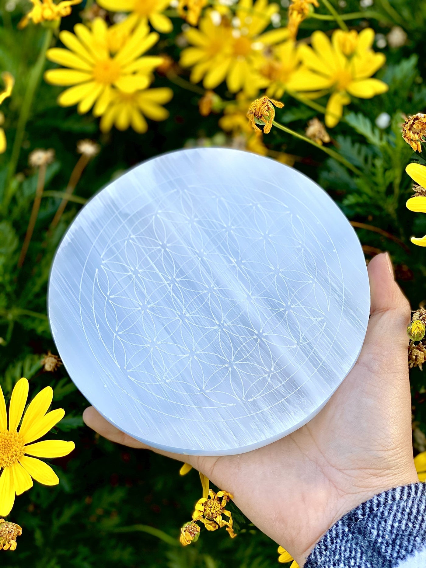 selenite flower of life engraved plate in hand for details and size reference