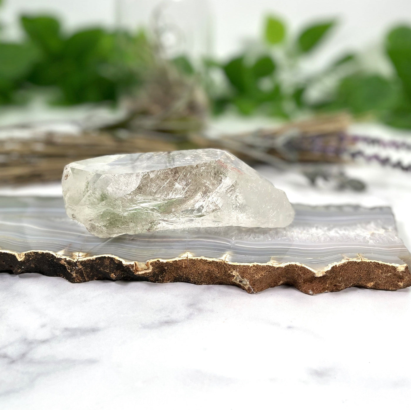 Crystal Quartz with Chlorite with decorations in the background