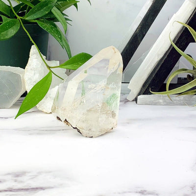 Crystal Quartz semi polished point with decorations in the background