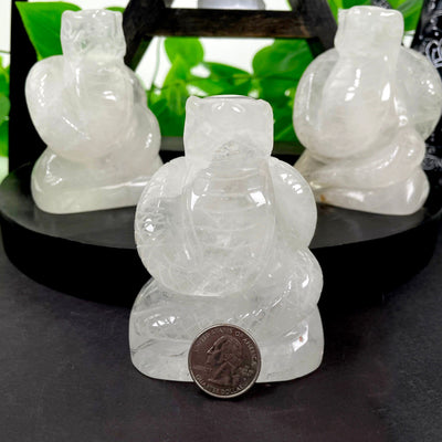 one crystal quartz snake on display with quarter for size reference with two others in background display