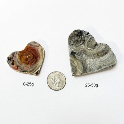 chalcedony hearts next to a quarter for size reference 