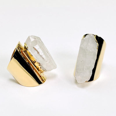 close up of Crystal Quartz Point Ring with 24k Gold Electroplated Cigar Band