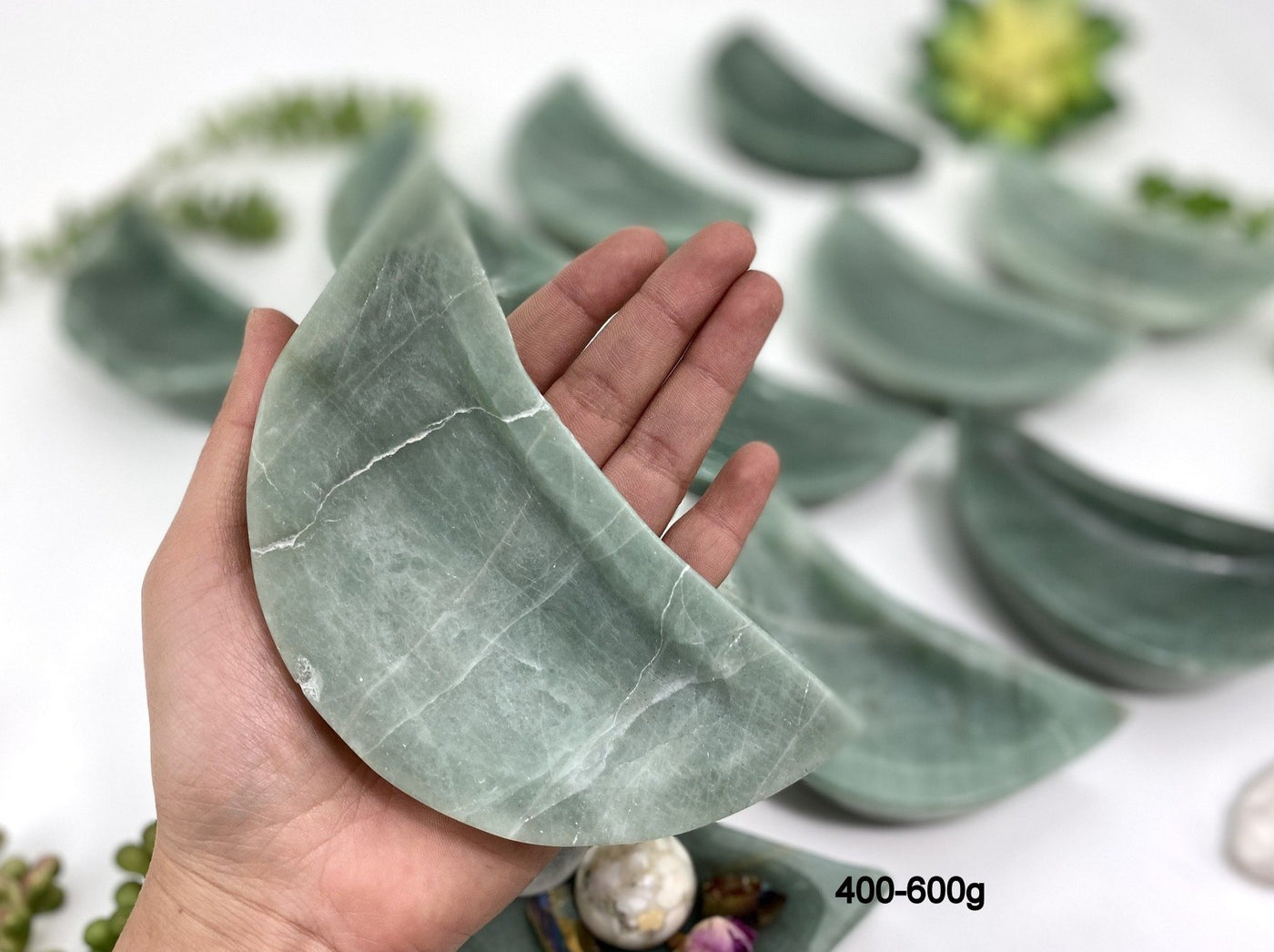 401-600g Green Aventurine Stone Moon Dish  in hand for size reference