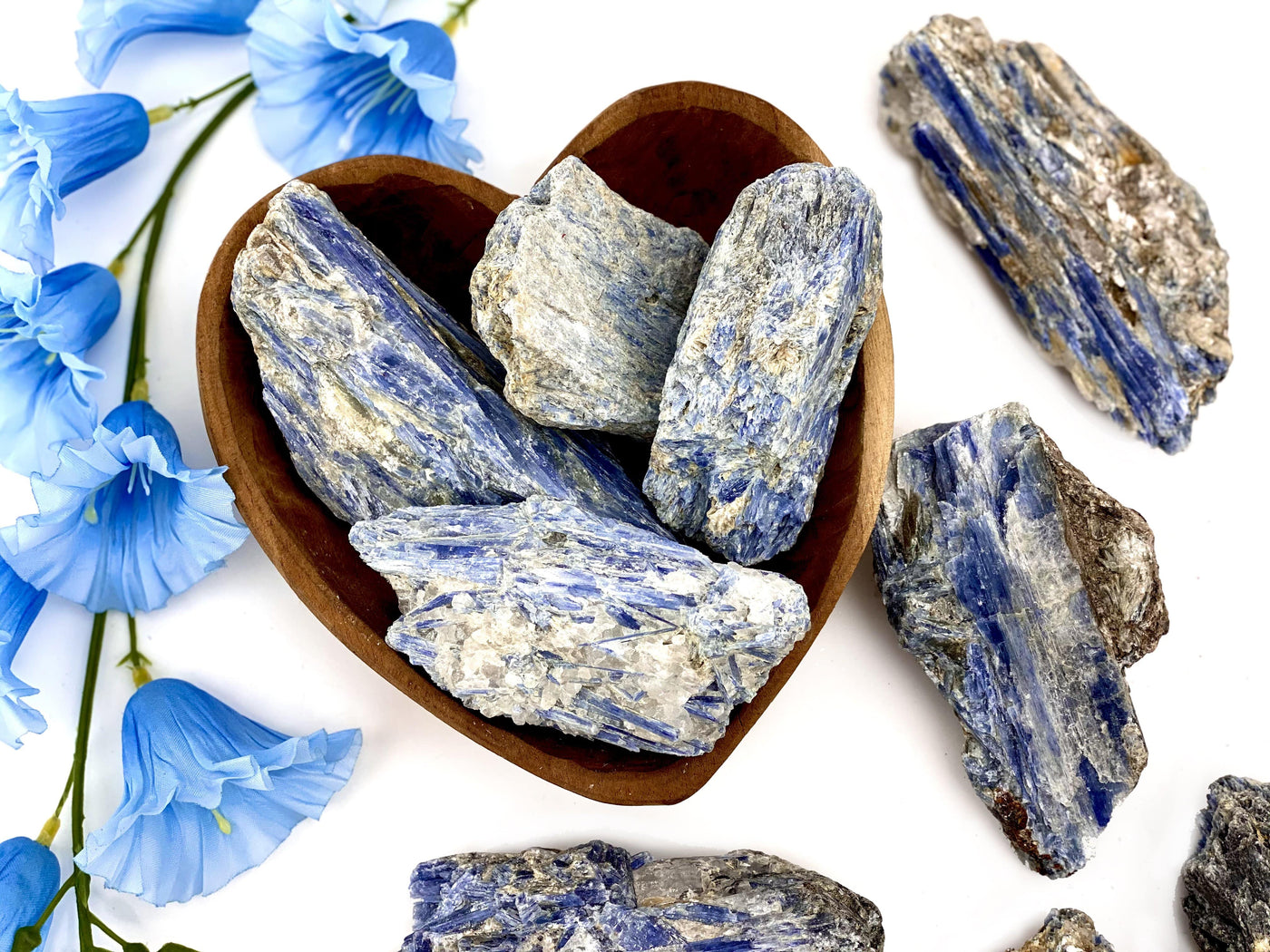 close up of details on natural blue kyanite clusters