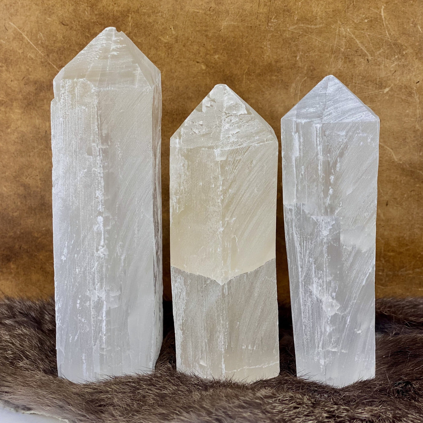 3 Polished Selenite Semi-Polished Points showing thickness variations