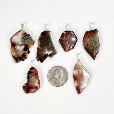 polished slice pendants next to a quarter for size reference 