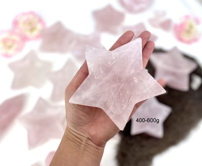 Hand holding up 400-600g Rose Quartz Stone Star Dish with others blurred in the background
