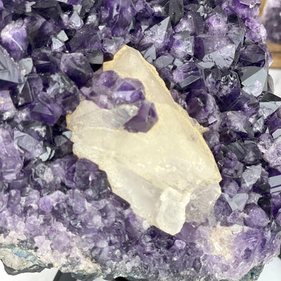 up close shot of Amethyst Crystal Cluster with Calcite 
