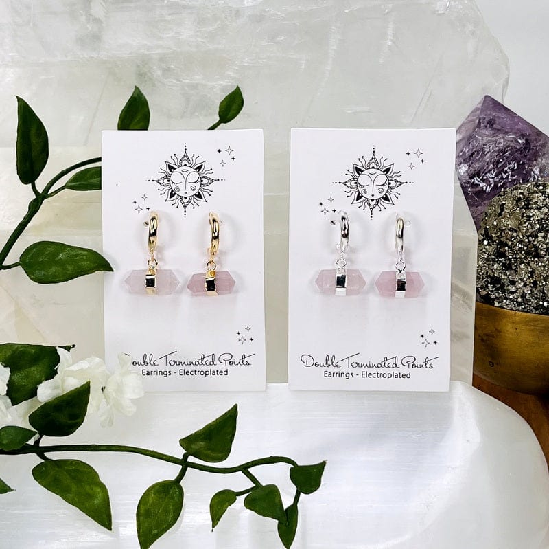 double terminated point earrings available in rose quartz 